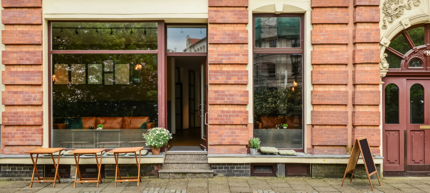 The street-facing facade of a land-based restaurant