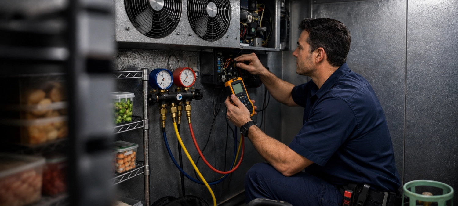 A technician diagnosing a commercial walk-in refrigeration system