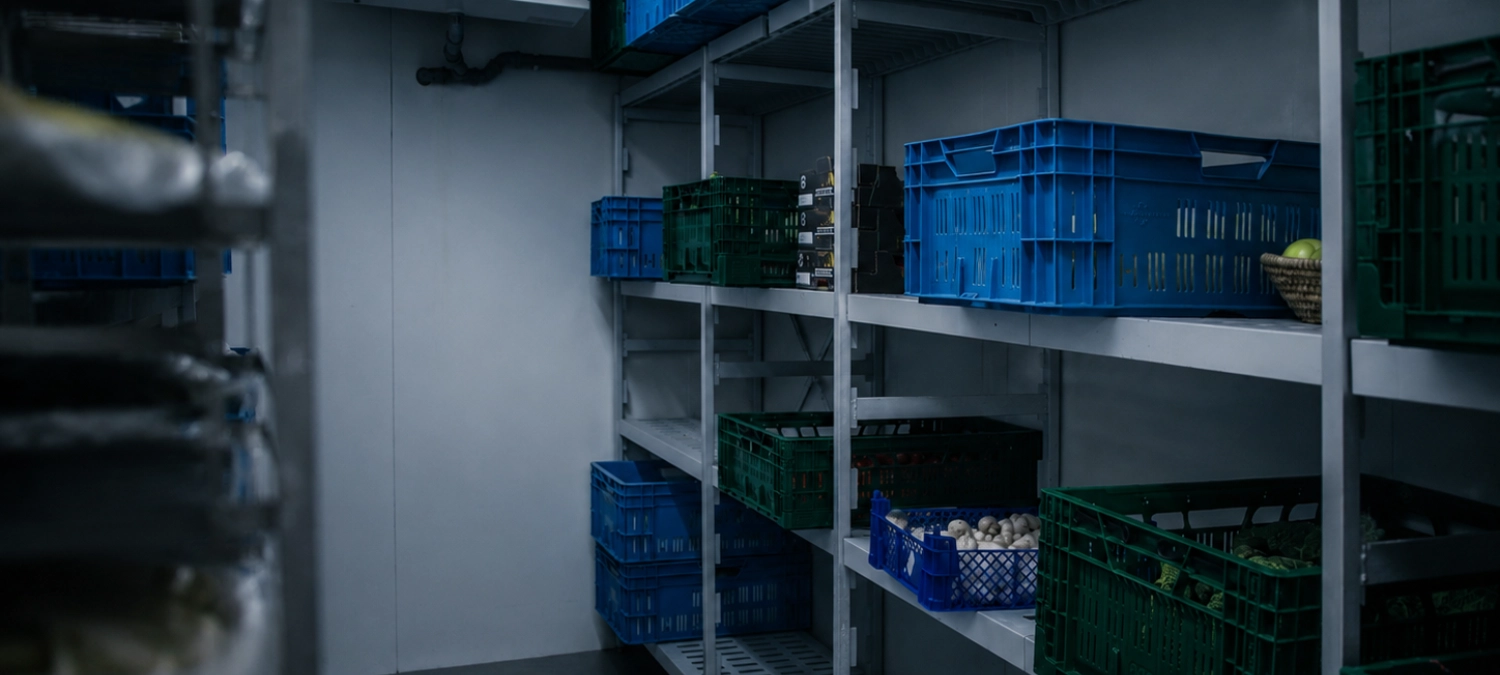 Commercial walk-in cooler with stored produce