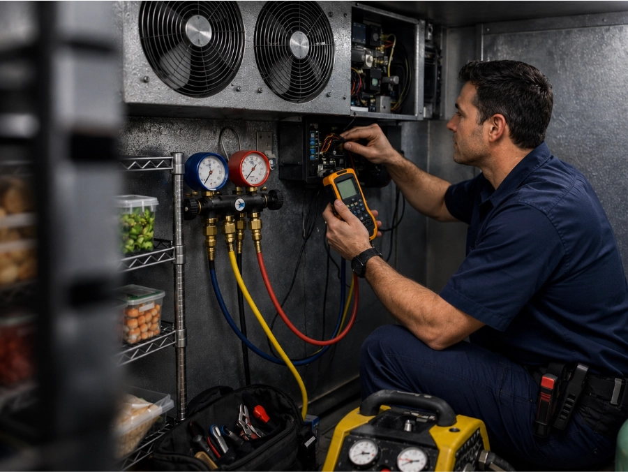 A technician inspecting commercial refrigeration equipment